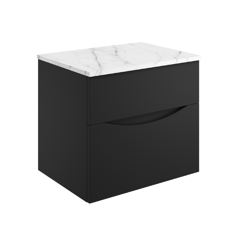 Product Cut out image of the Crosswater Glide II Matt Black 600mm Double Drawer Unit with Carrara Marble Worktop